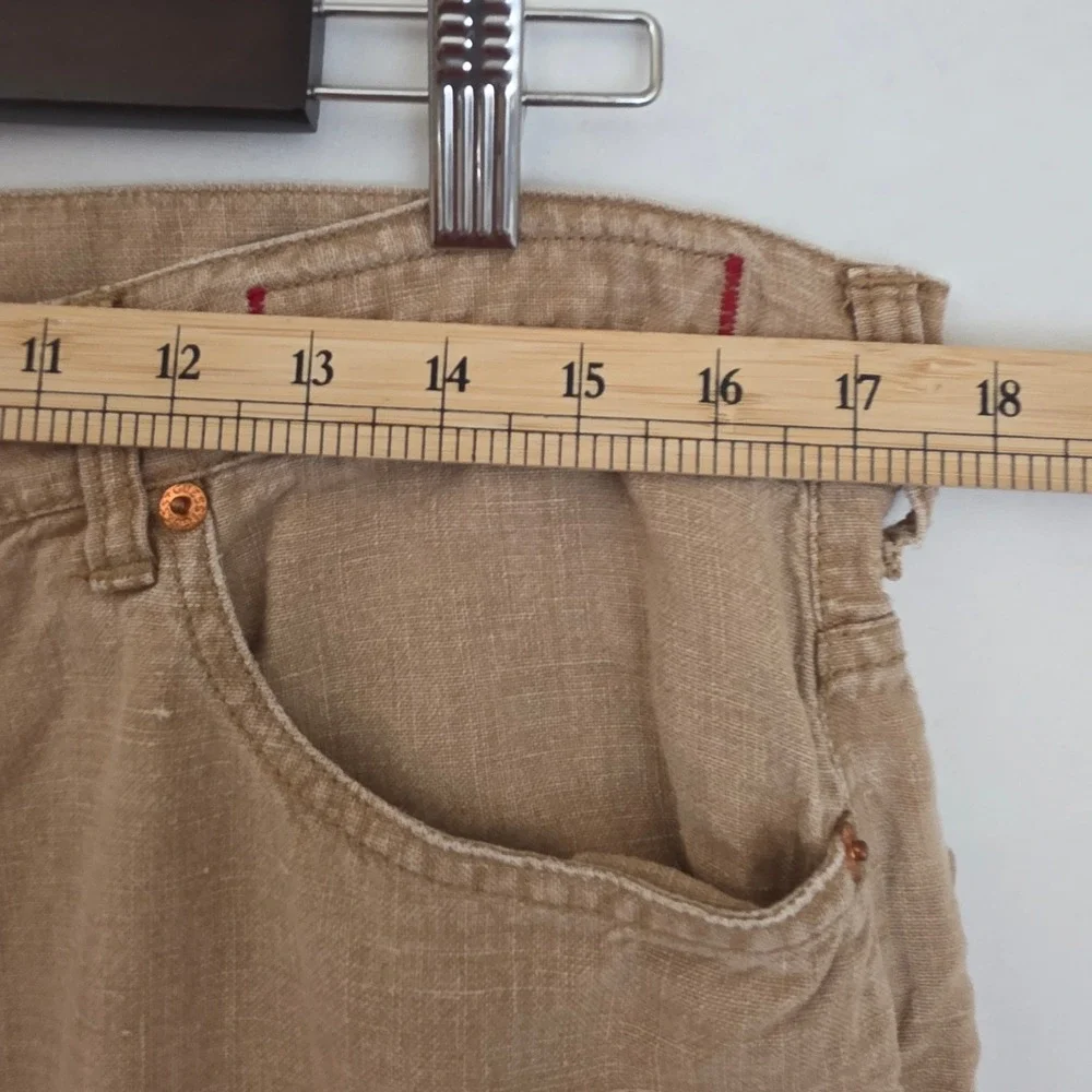 VTG Guess Jeans Mens 36x32 Tan 100% Linen Straight Leg Y2K Red Label 3-V-01